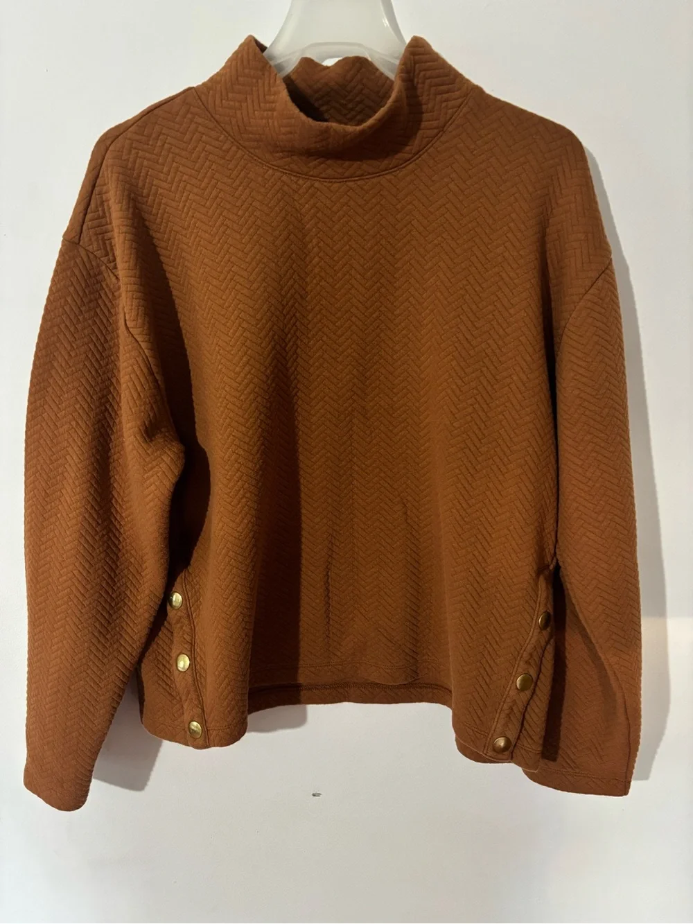 J.Crew Rust Brown Textured Cowl Neck Pullover Top Gold Snaps Size L